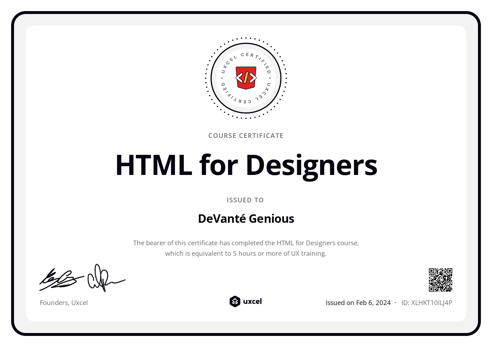 DeVanté Genious's certificate
